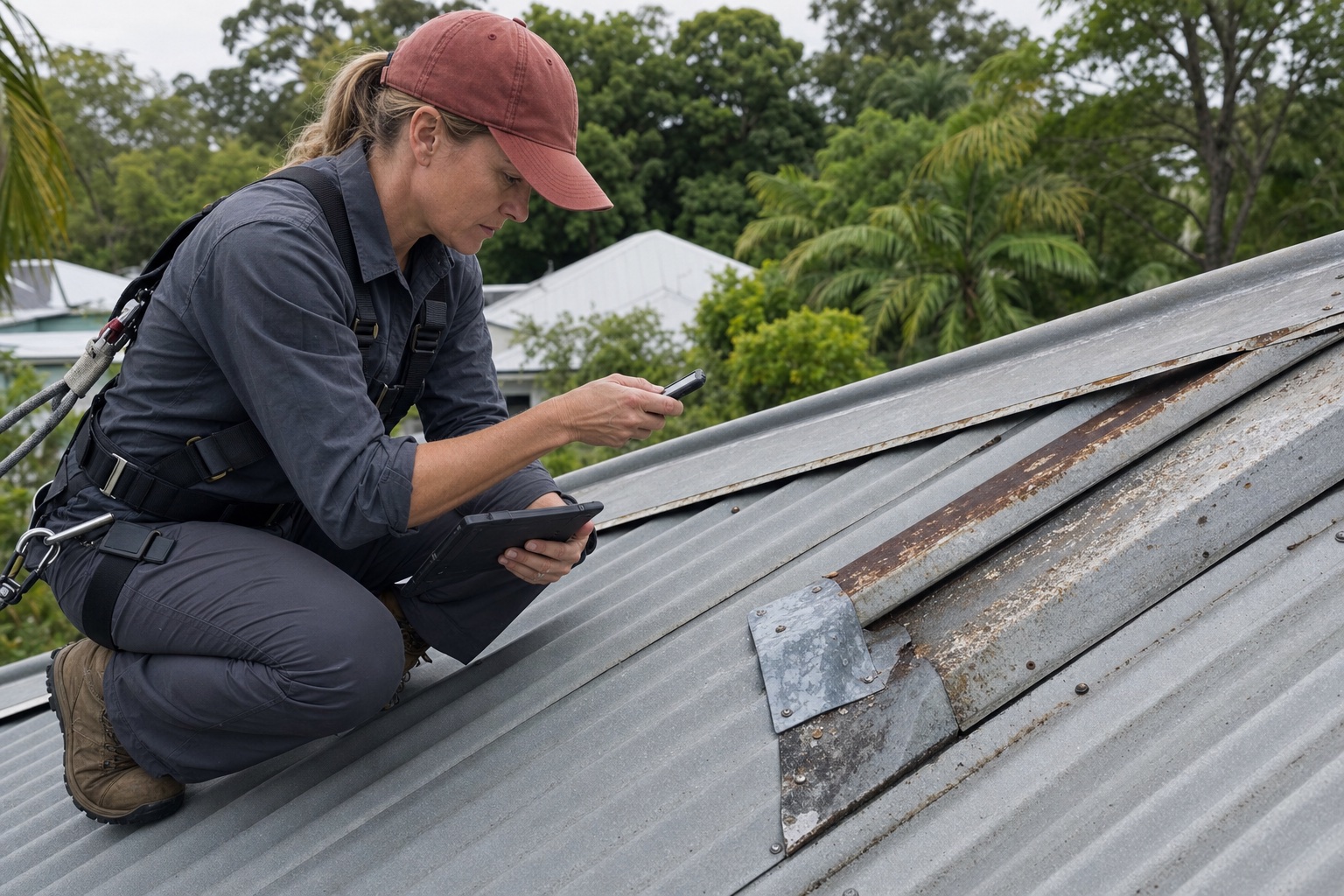 Close roof inspection at a failed flashing
